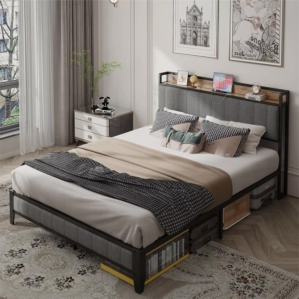 Bed Frame with Wingback Headboard and Outlet