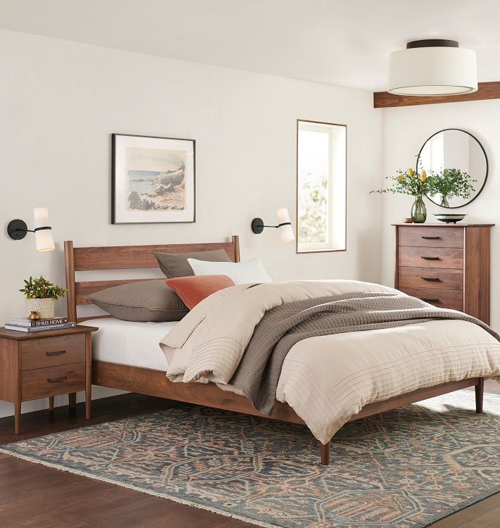 Bed Frame Wood Toned Spindle Headboard Rounded Corners Mid-Century