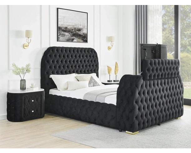 Bed Gray Button Tufted Integrated Fireplace TV Mount Footboard