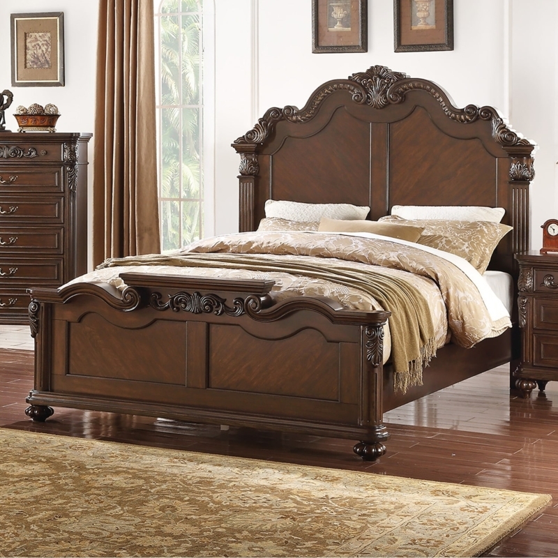 Bed in Dark Cherry Finish with Arched Slat Headboard Traditional Style