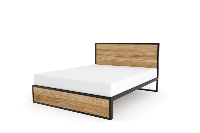 Bed Mixed Material Natural Wood Panels Black Metal Legs Platform