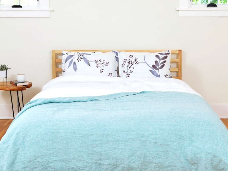 Bed Spindle Headboard, Botanical Print Context. Scandi Style Bedding.