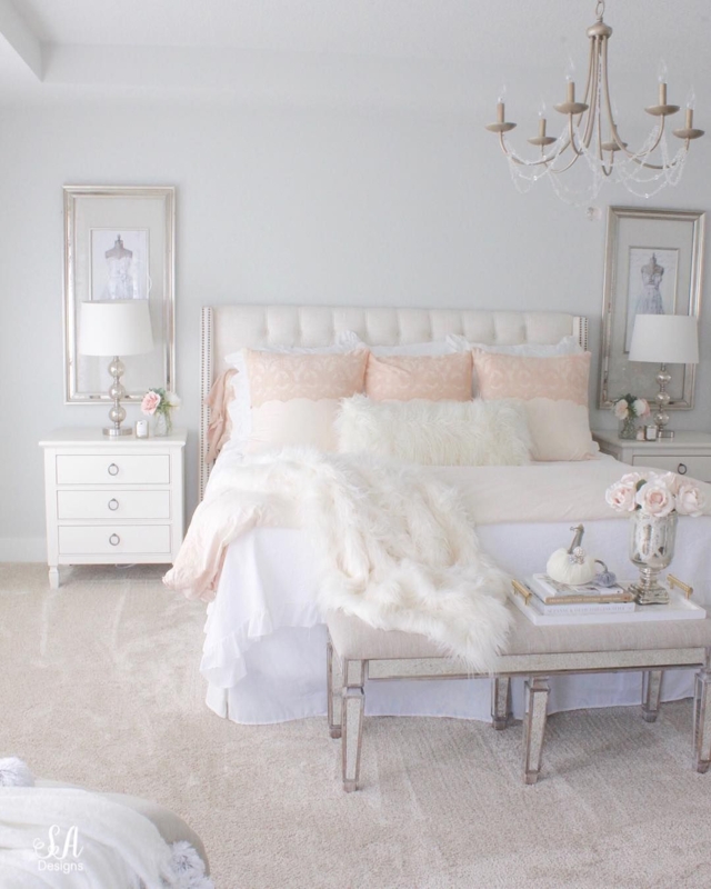 Bed Tall Ivory Upholstered Headboard White Faux Fur Accents Glam