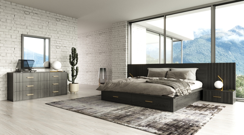 Bed Two-Tone Wood Gray Finish Upholstered Headboard Warm Decor