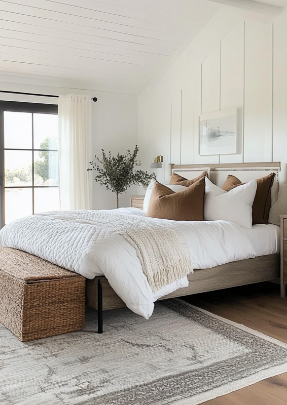 Bed Upholstered Headboard Wingback Design, Neutral Layered Bedding