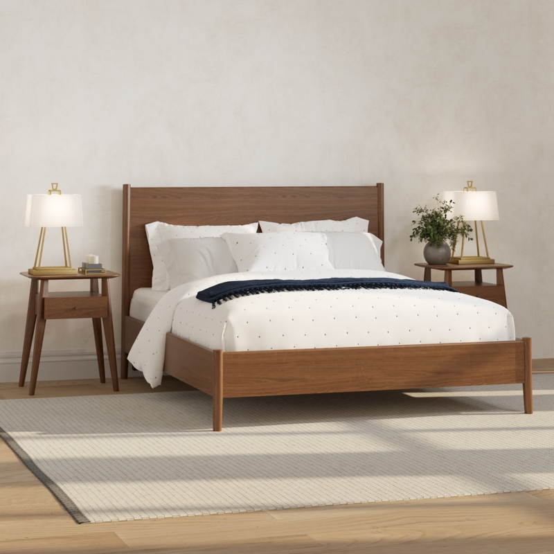 Bed Warm Brown Slat Headboard Tapered Legs Mid-Century Studio Style
