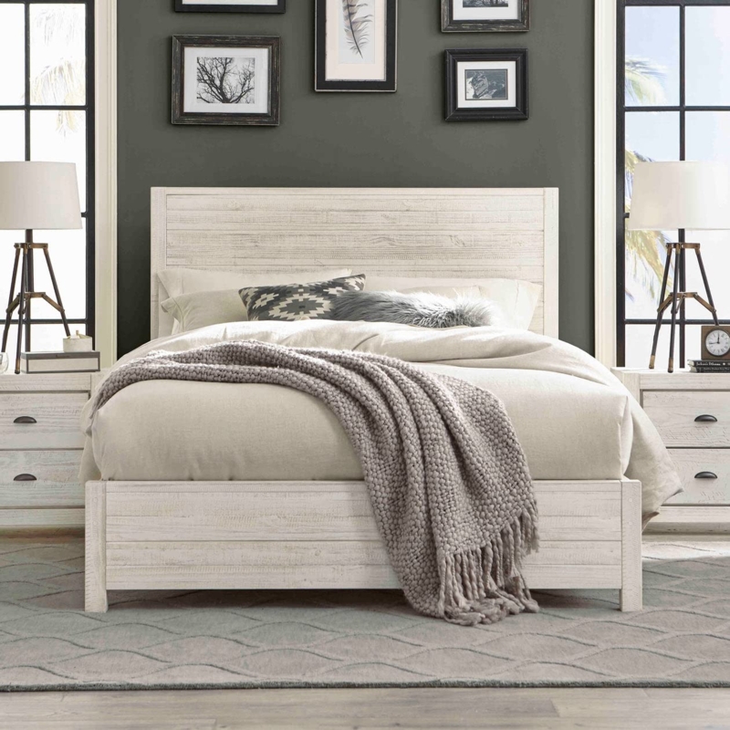 Bed Whitewashed Wood Plank Headboard Rustic Farmhouse Style