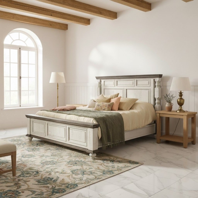 Bed with Chunky Wood Frame and Unique Stone-Like Inlay Panels