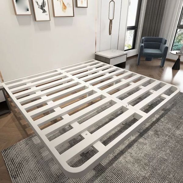 Bed with Gold Metal Frame, Geometric Grid Headboard, Modern Style