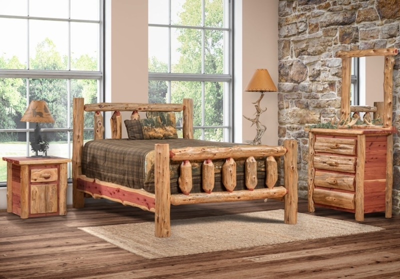Bed with Natural Log Posts and Bark Texture Rustic Lodge Style