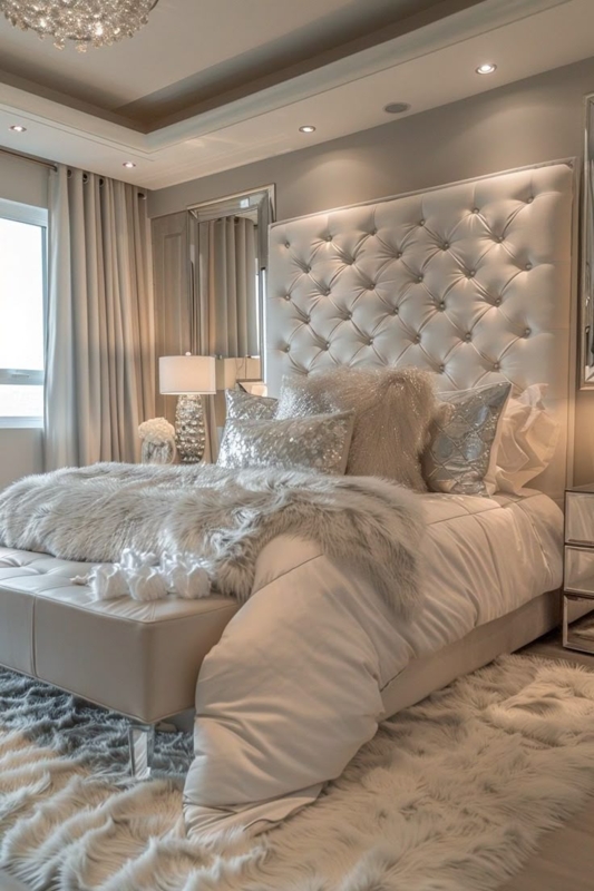 Bed With Tall Panel Headboard And Oversized Glass Lamps
