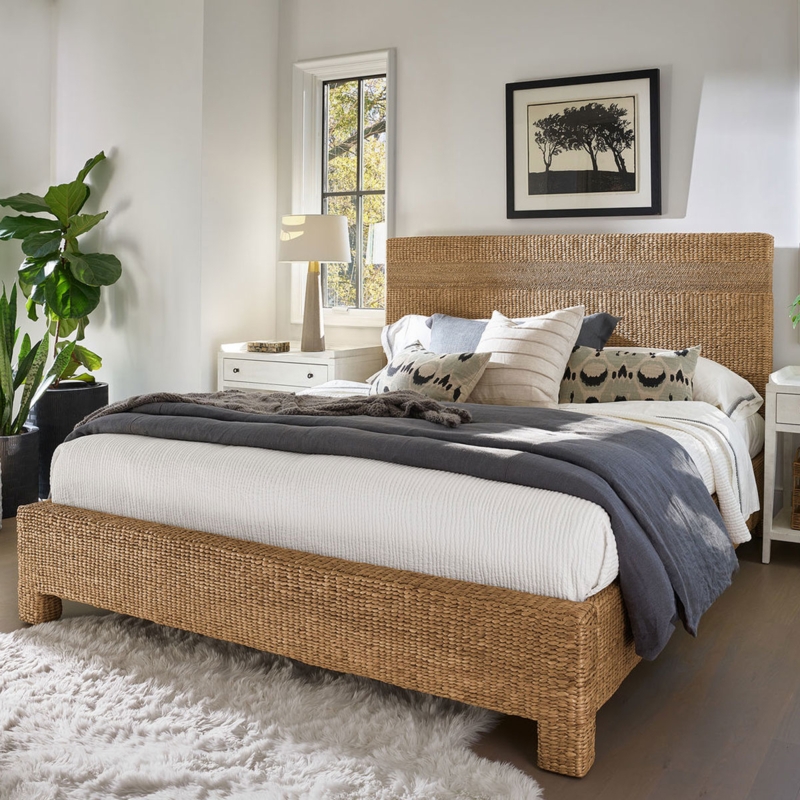 Bed with Tall Panel Headboard, Wood Slat Accents, High Wood Detailing