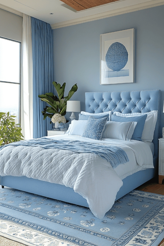 Bed with Tufted Wingback Headboard, Light Blue Woven Fabric