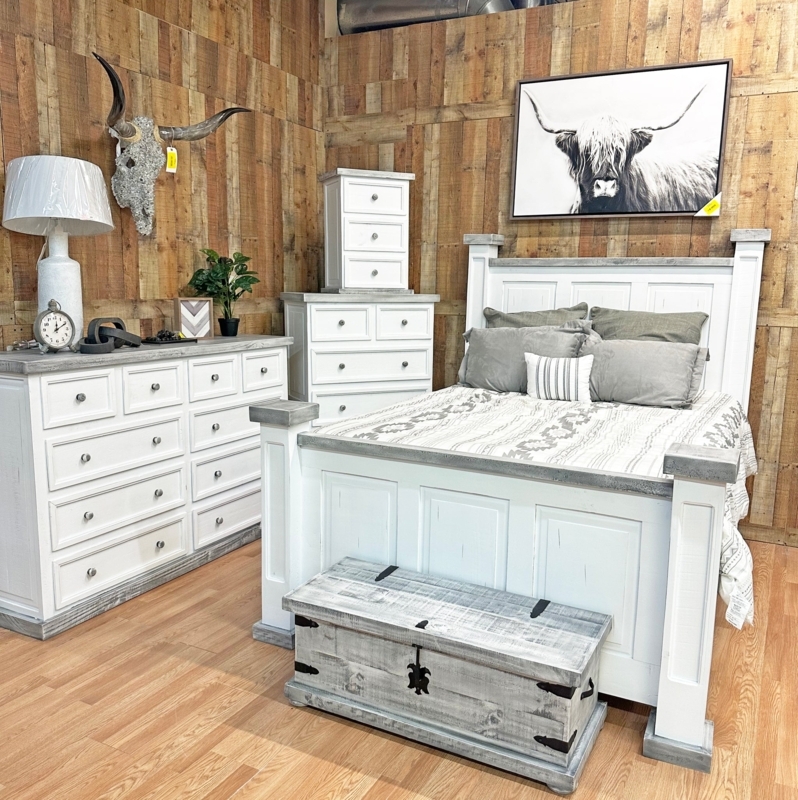 Bed with Upholstered Panel Headboard Rustic Dark Wood Farmhouse Style
