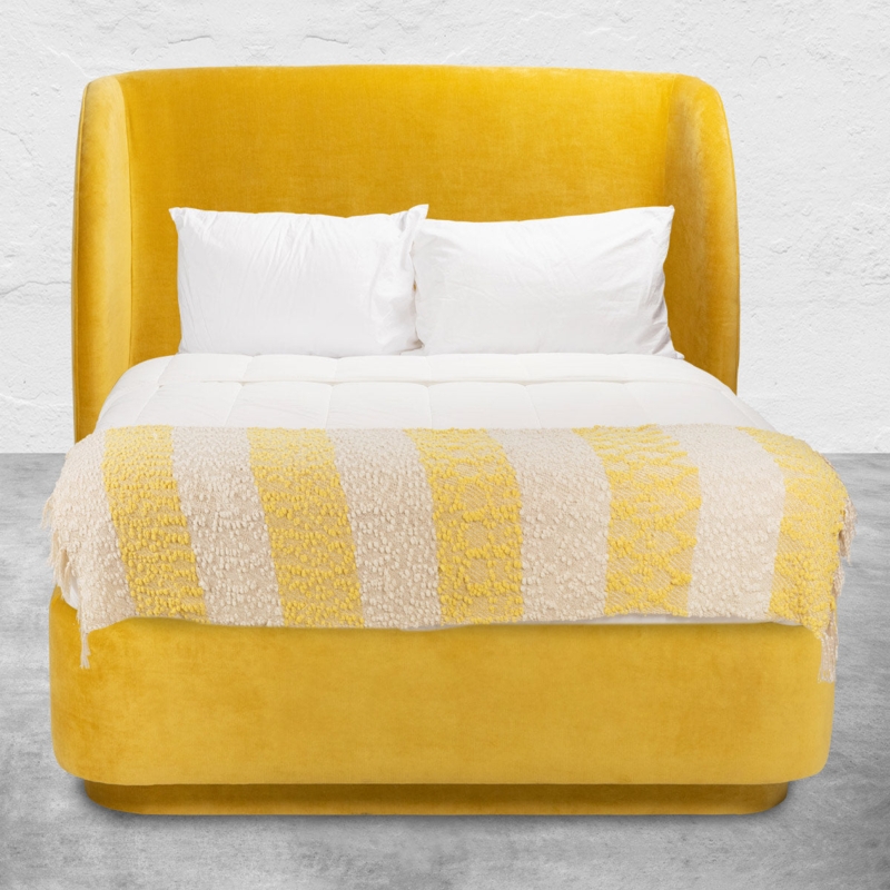 Bed with Vertical Channel Tufted Yellow Velvet and Walnut Legs