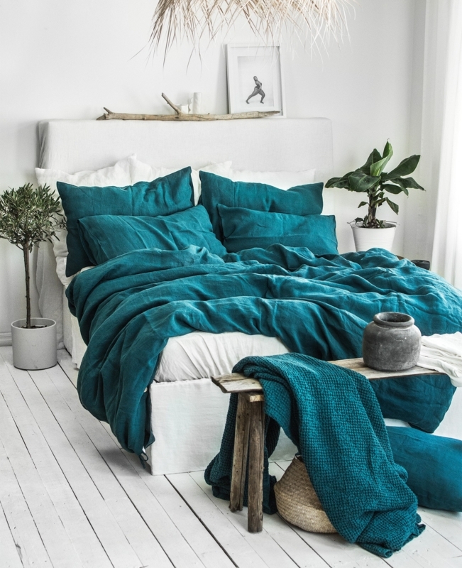Bedding Set Emerald Blue Stonewashed Linen Duvet Cover Matte Finish