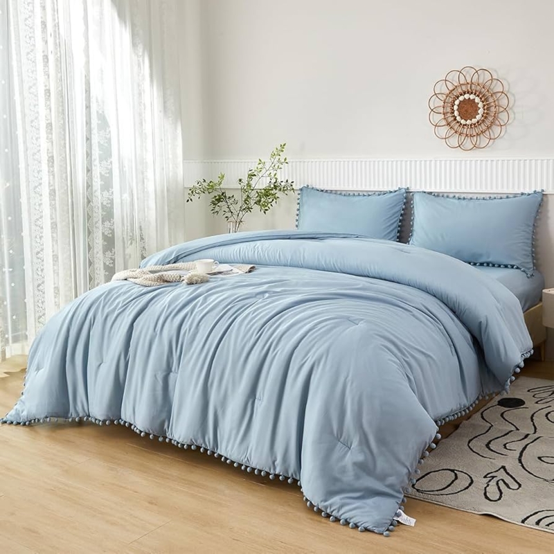 Bedding Set Grayish Blue with Whimsical Pom Pom Fringe Trim