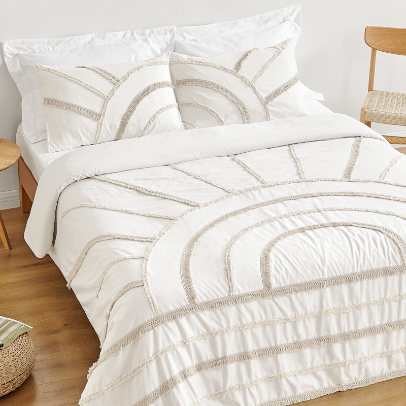 Bedding Set Ivory Tufted Sun Pattern Monochromatic Matte Minimalist Airy