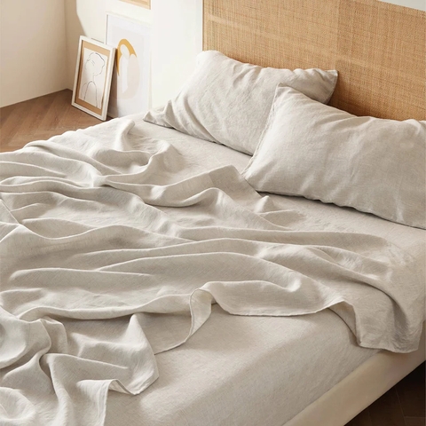 Bedding Set Linen Cotton Blend Neutral Tonal Layered Pillows