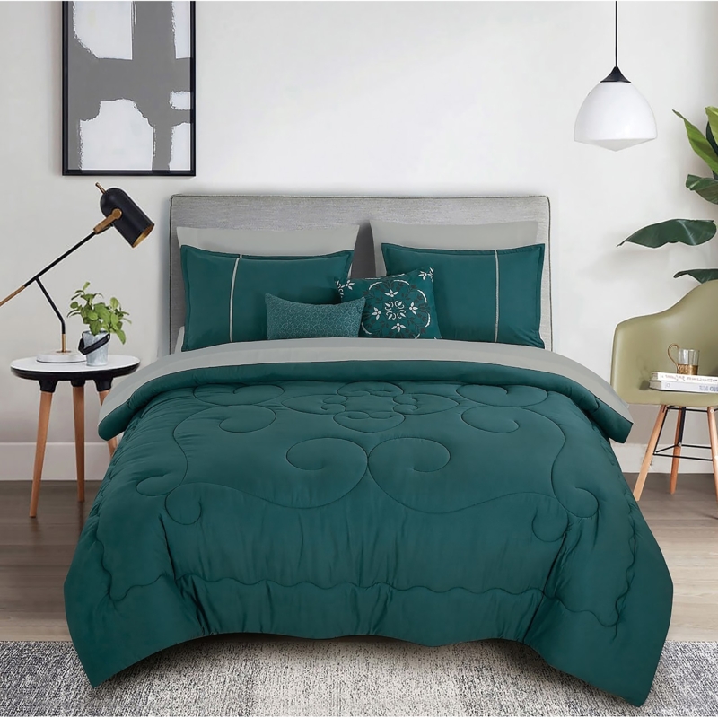 Bedding Set Teal Green White Oversized Floral Botanical Print