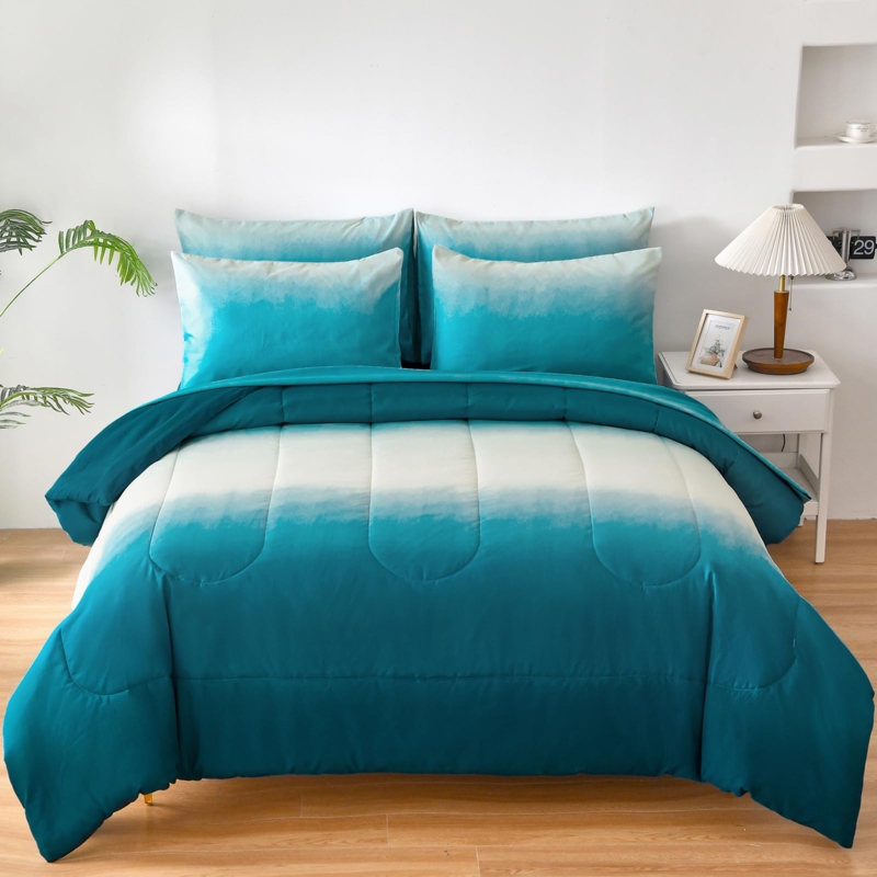 Bedding Set Teal White Gradient Box Stitch Quilting Coastal