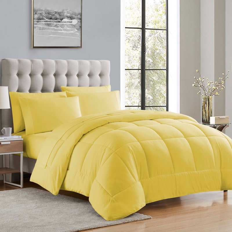 Bedding Set with Vibrant Yellow Box Stitch Quilting and Matching Shams