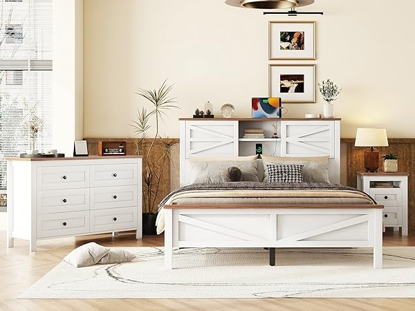 Bedroom Furniture Set Farmhouse Crisp White Slatted Headboard