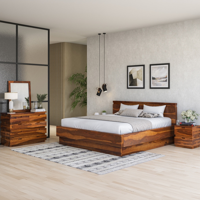 Bedroom Set 4 Piece Modern Platform Bed With Nightstands Warm Wood