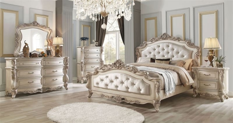Bedroom Set Antique Champagne Finish Tufted Headboard Baroque Carving