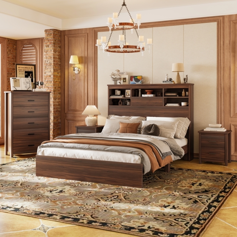 Bedroom Set Antique Grey Storage Headboard Transitional 4 Piece