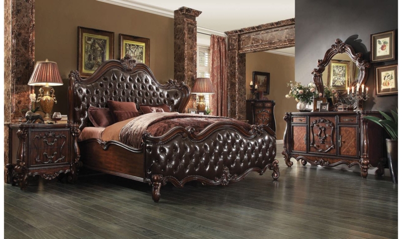Bedroom Set Baroque Bone And Gold Finish Scrolled Headboard Tufted