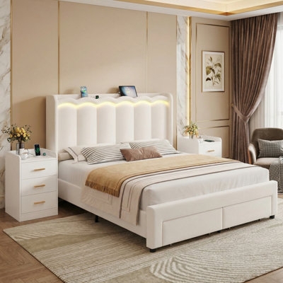 Bedroom Set: Beige Upholstered Floating Design Bed with USB Ports