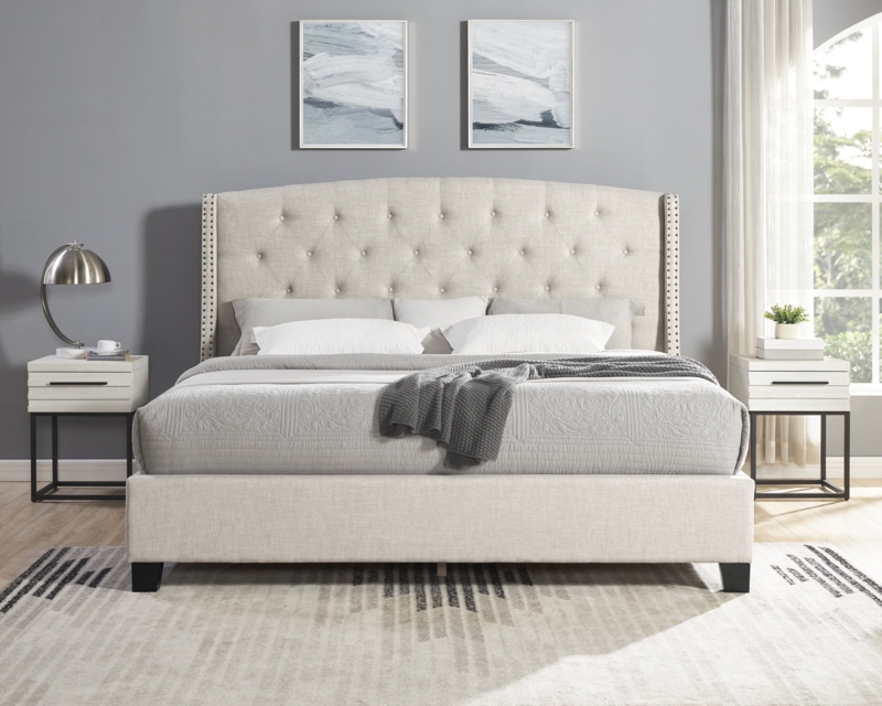 Bedroom Set Beige Upholstered Wingback Button Tufted White Nightstands