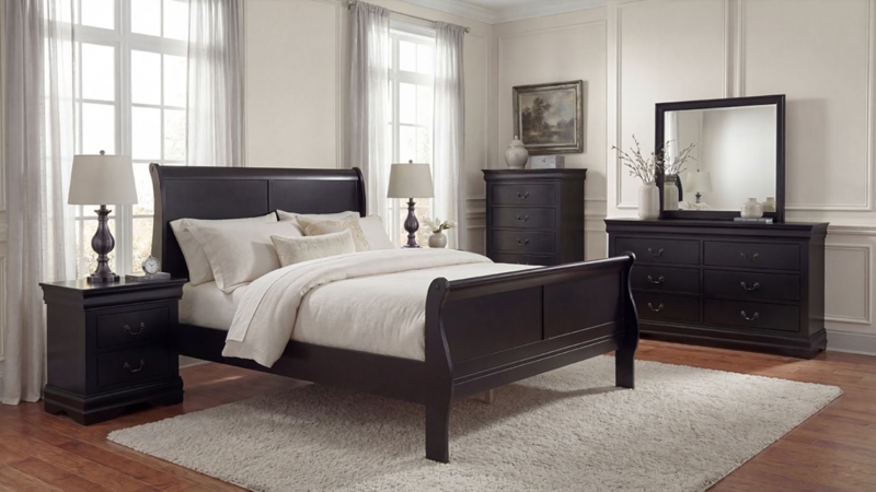 Bedroom Set Black Finish Sleigh Bed Silver Hardware Traditional