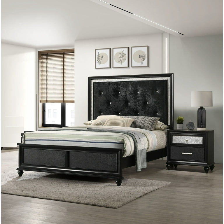 Bedroom Set Black Upholstered Bed Channel Tufted Headboard