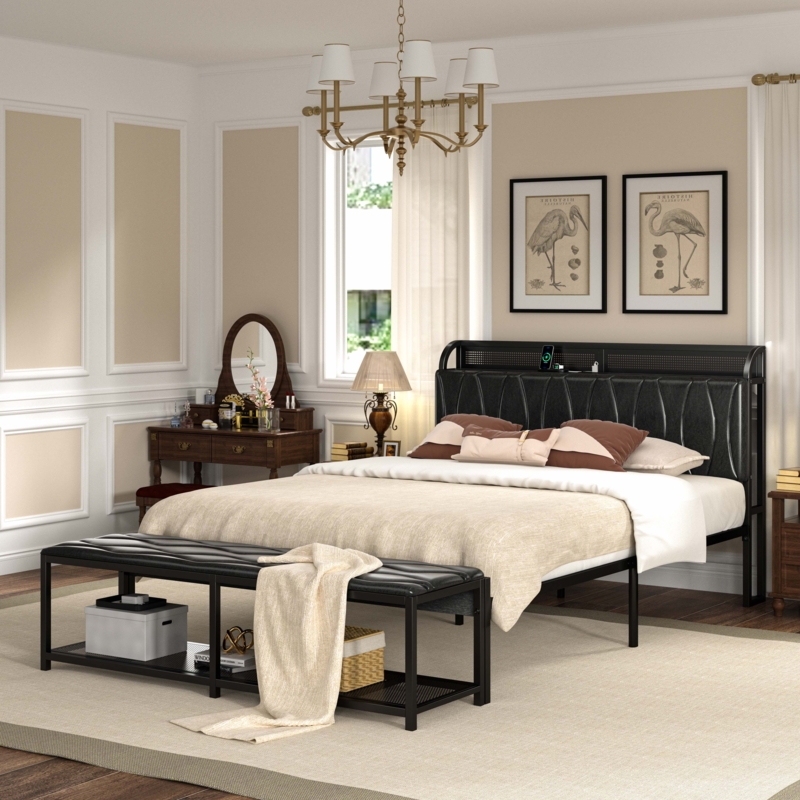 Bedroom Set: Black Upholstered Bed with Integrated Charging Stations