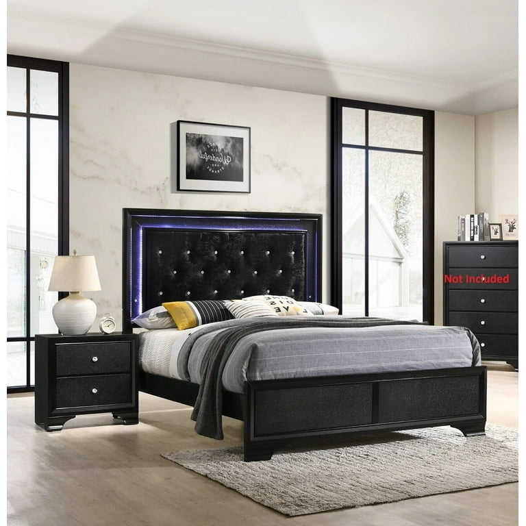 Bedroom Set: Black Upholstered Wingback Silhouette with LED Lighting