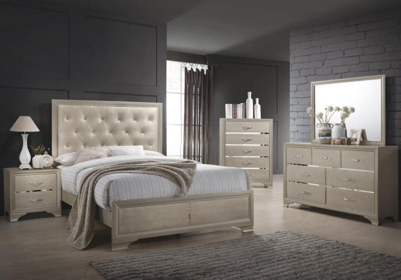 Bedroom Set Champagne Metallic Finish Button Tufted Tufted Headboard