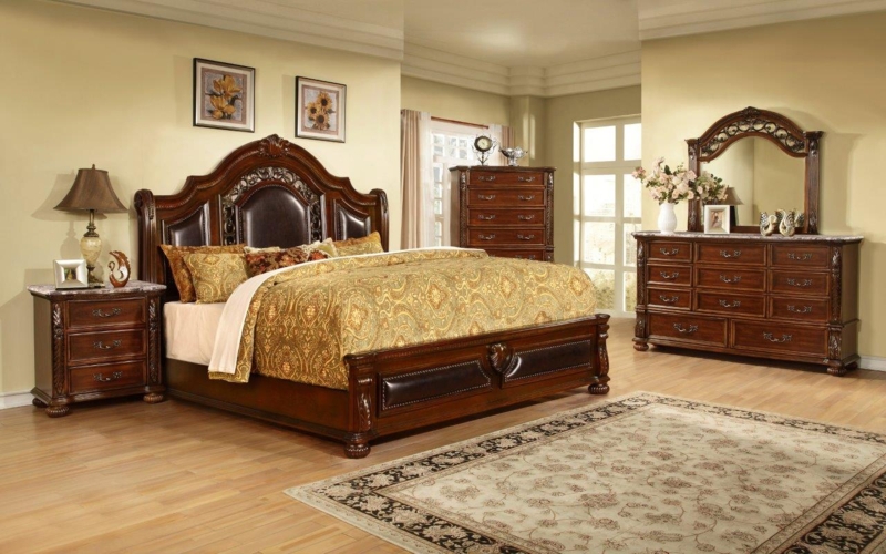 Bedroom Set Cherry Wood Finish Sleigh Style Traditional Suite