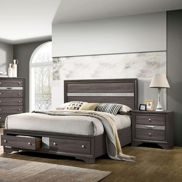 Bedroom Set: Contemporary Grey Fabric Bed with Channel Tufted Headboard