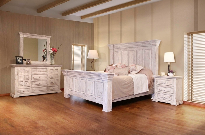 Bedroom Set Contrasting Wood Tops Distressed White Farmhouse Style