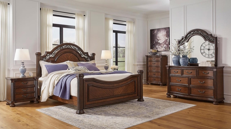 Bedroom Set Dark Brown Four Poster Stone Top Inlays Carved