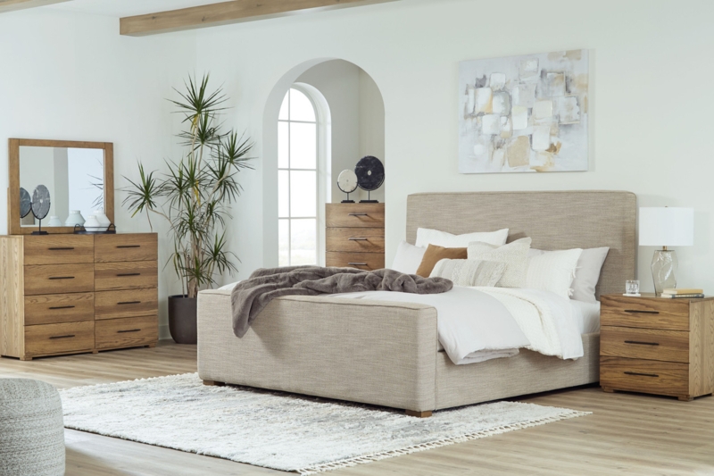 Bedroom Set Dark Brown Wood Upholstered Headboard Transitional Dresser