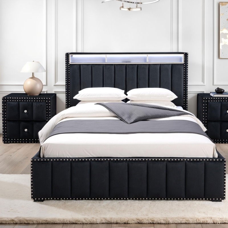Bedroom Set: Dark Green Velvet Storage Bed Channeled Wingback Headboard