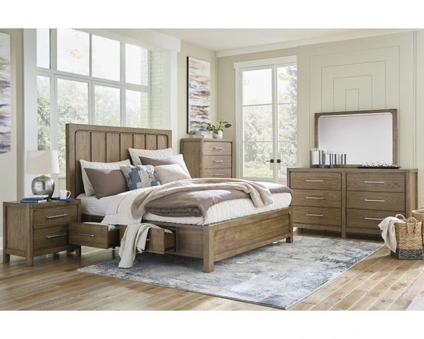 Bedroom Set: Dark Wood Finish with Tufted Upholstery and Footboard Drawers