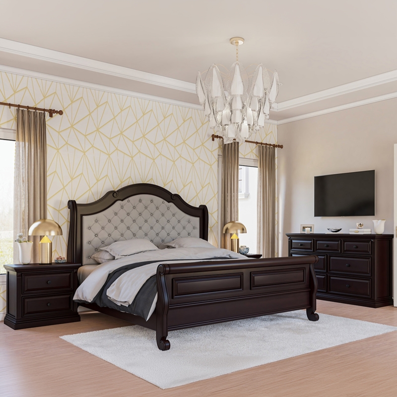 Bedroom Set Espresso Finish Button Tufting Panel Headboard Traditional