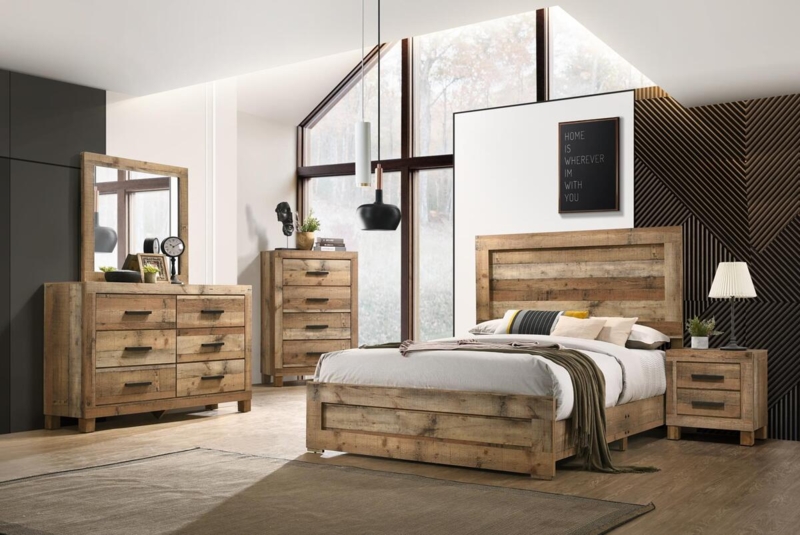 Bedroom Set Fabric Inlay Headboard Weathered Gray Transitional