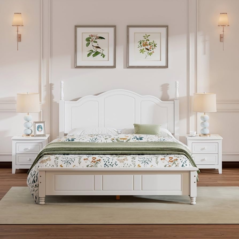 Bedroom Set featuring Curved Slat Headboard with Whitewashed Finish
