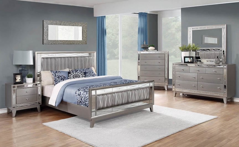 Bedroom Set featuring Mirrored Frame Inlays and Silver Finish
