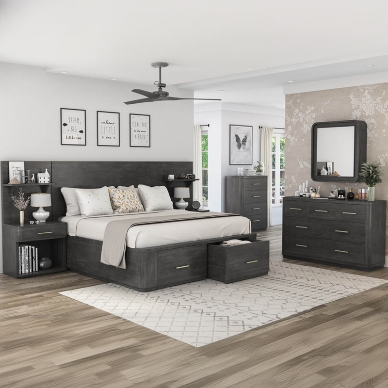 Bedroom Set Footboard Storage Drawers Wood Grain Charcoal Finish